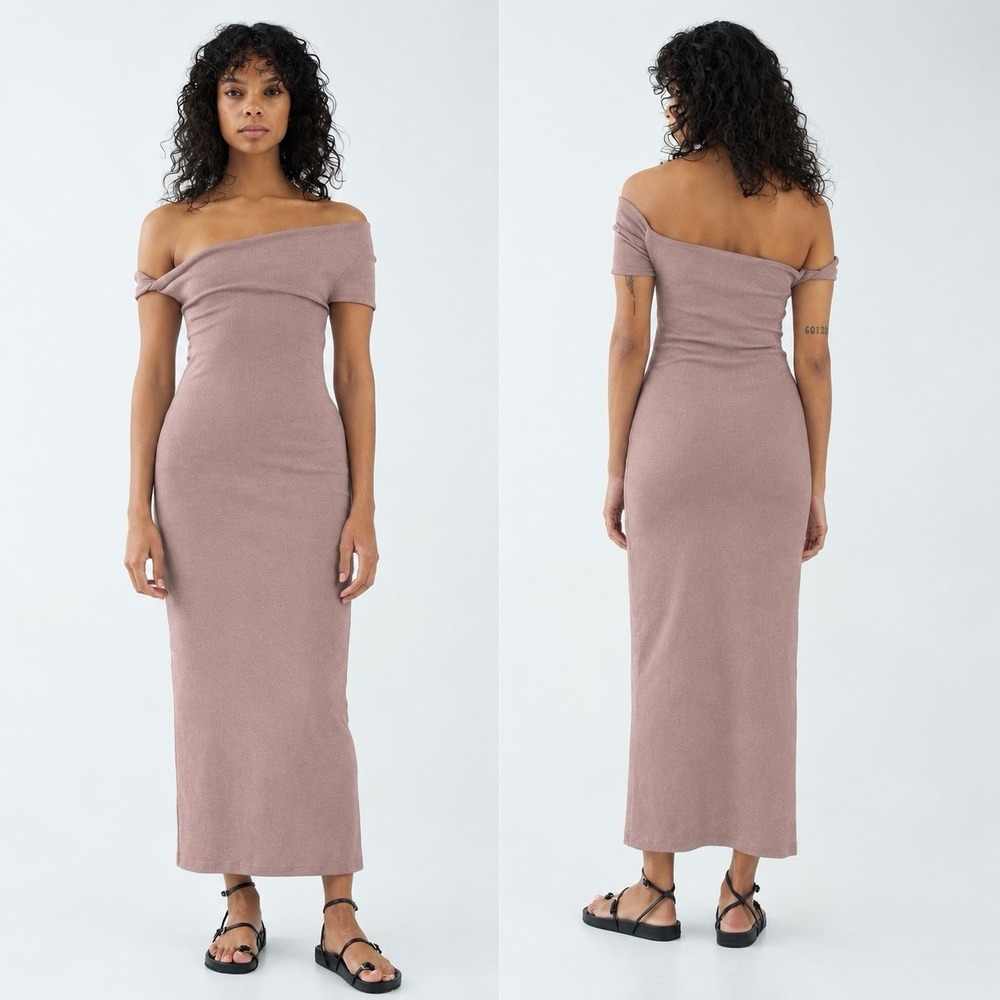 THIRD FORM Intertwined Off Shoulder Ribbed Dress In Taupe US Sz 6